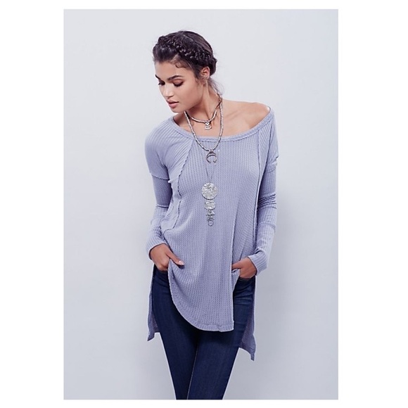 Free People Gray Ventura High Low Waffle Knit Thermal Long Shirt - Picture 1 of 13